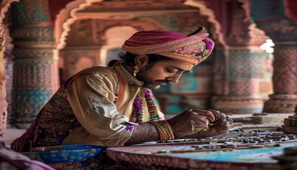 Photographer capturing a traditional Indian artist at work in a Jaipur haveli