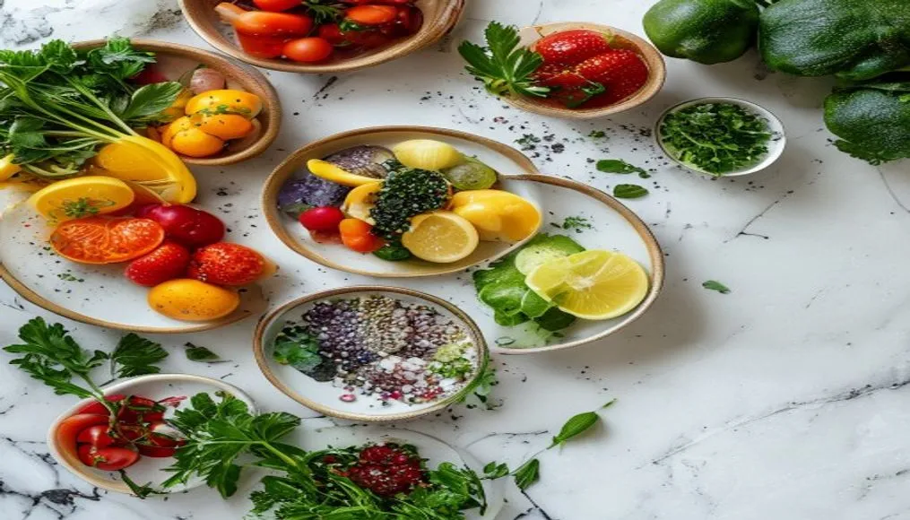 Variety of healthy Indian diet staples including lentils, rice, and fresh produce