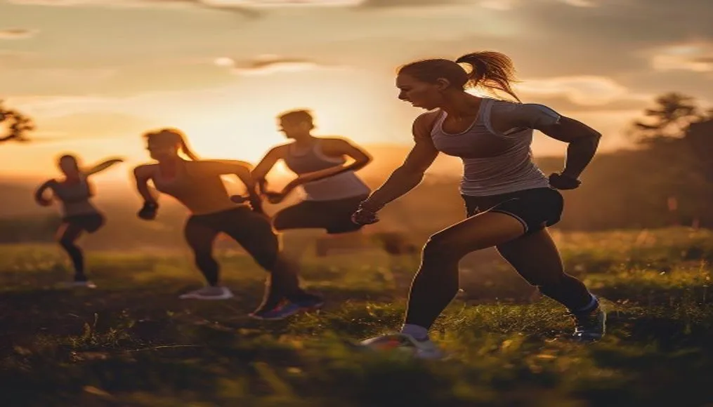 Group exercising outdoors during early evening