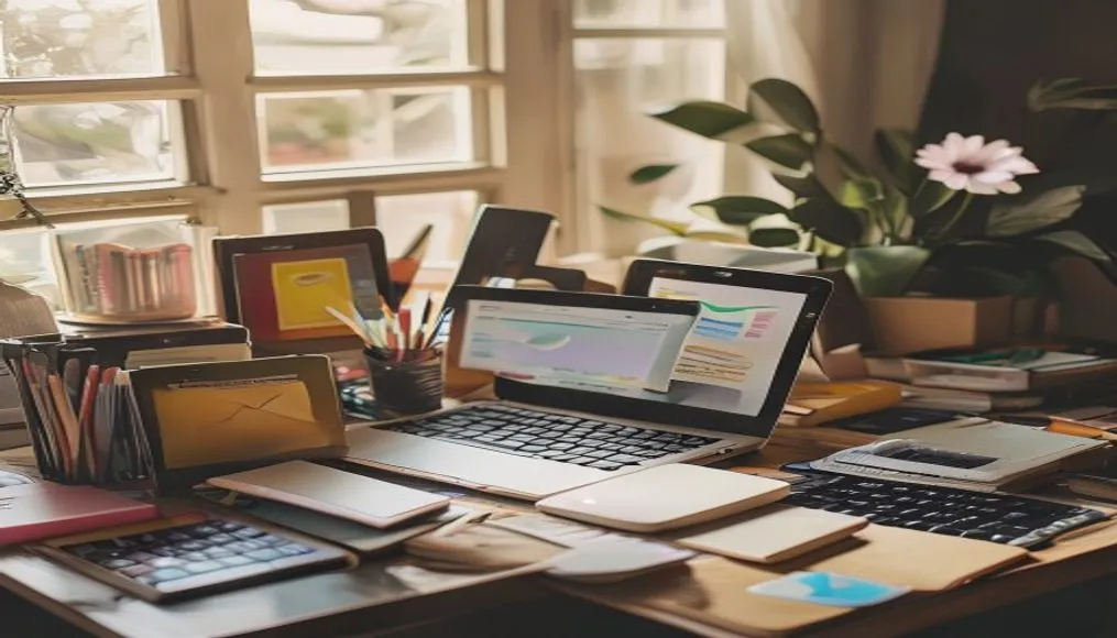 Cluttered digital devices showing email, apps, and subscription overload