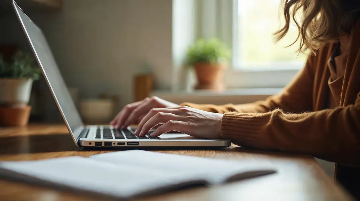 Person reviewing digital habits on laptop with organized workspace