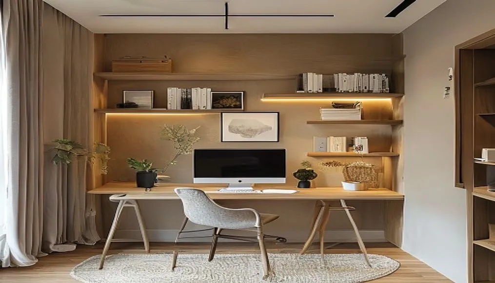Elegant minimalist small home office with wall-mounted desk and vertical shelving