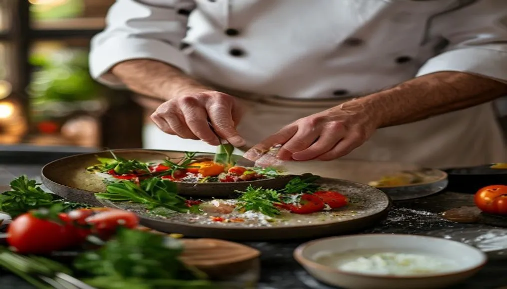Chef's hands preparing fresh ingredients for a gourmet home-cooked meal