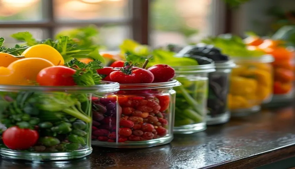 Colorful row of prepped vegetables in glass containers