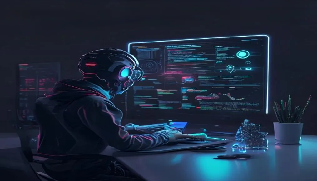 Aspiring developer coding on a laptop with an AI assistant interface