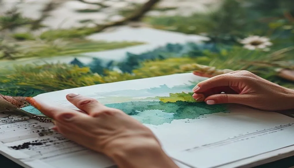 Artist's hands gently applying watercolor to paper, creating a serene landscape