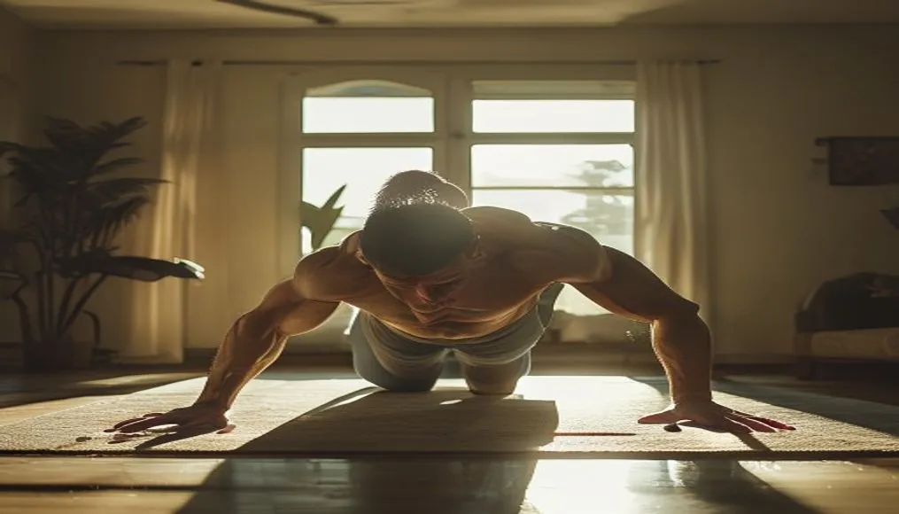 A fit individual performing a perfect push-up in a sunlit, minimalist living room