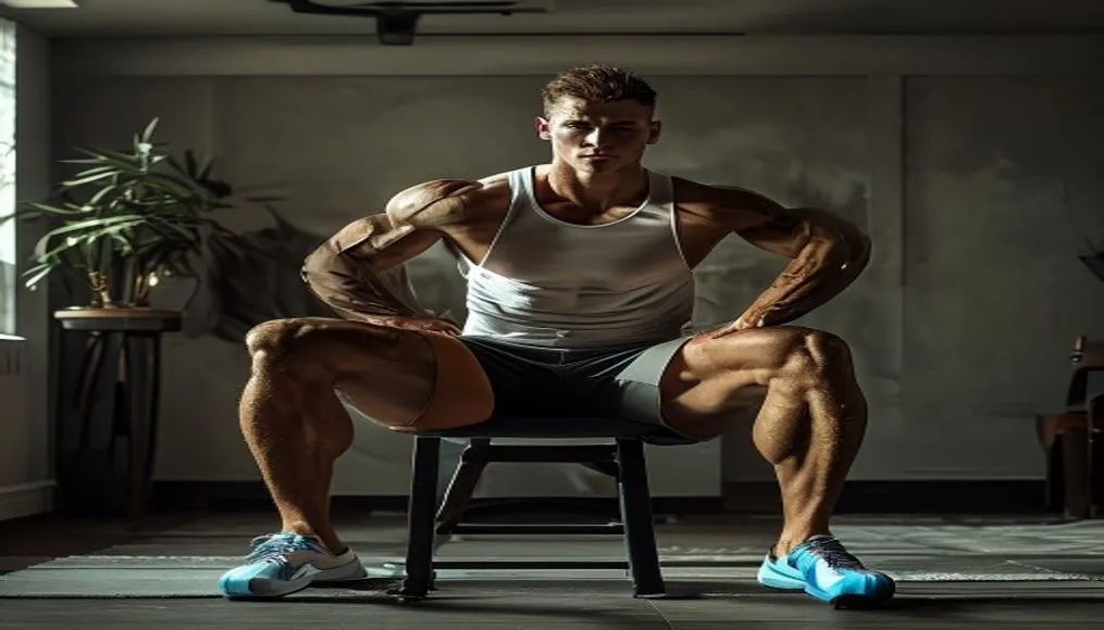 An athlete performing a Bulgarian split squat using a sturdy living room chair for elevation