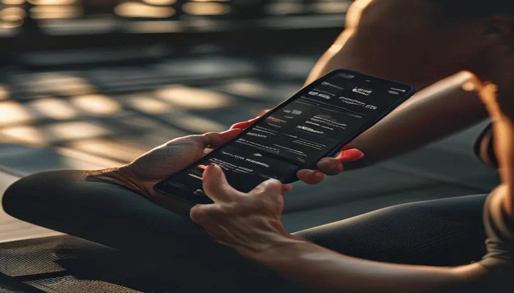 A person tracking their workout progress on a smartphone app while sitting on a yoga mat