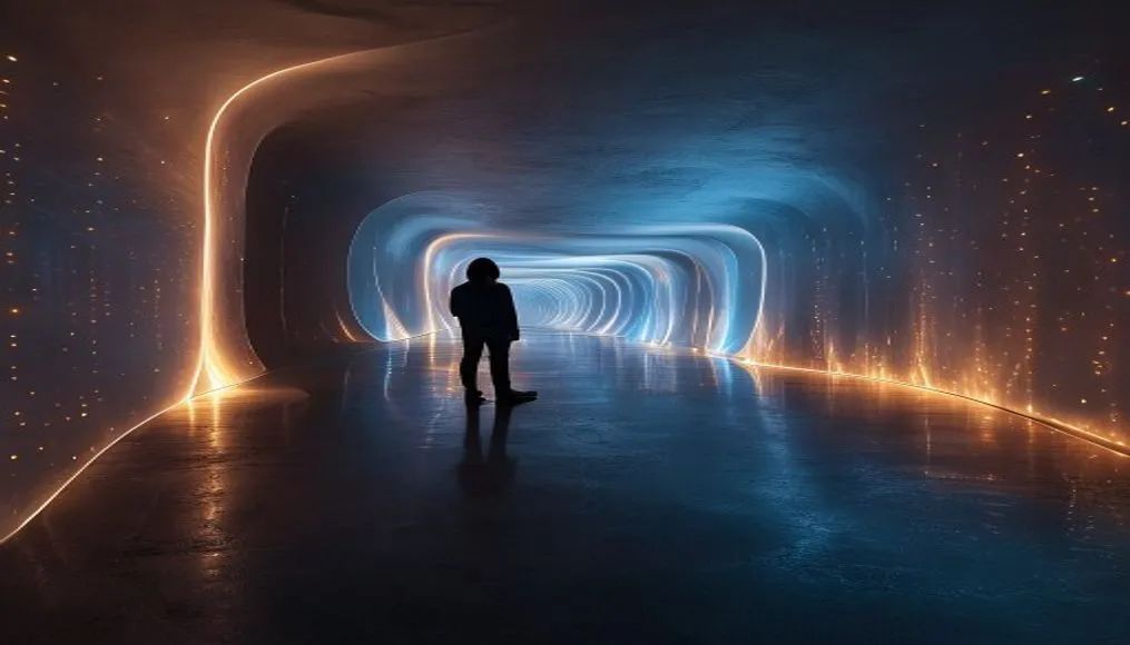 A person standing in an infinity room with glowing lights, creating an illusion of endless space