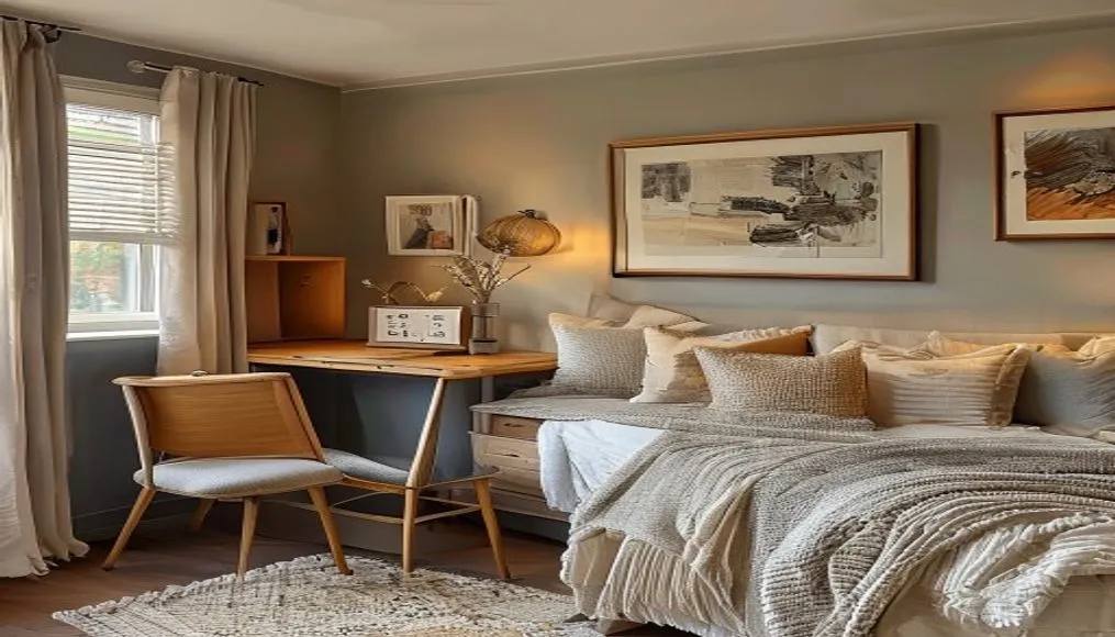Cozy rental bedroom with fold-down desk and hidden storage solutions