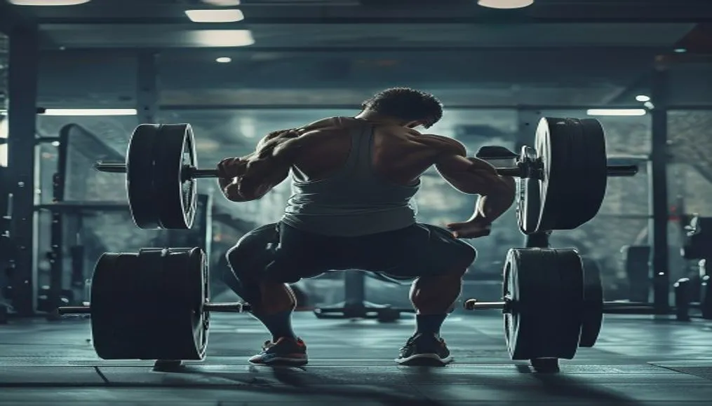 A person performing a deadlift with perfect spinal alignment in a modern gym setting