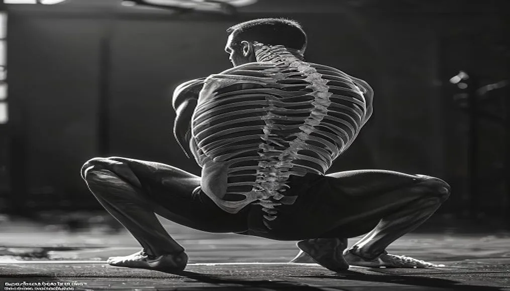 A detailed anatomical diagram showing proper spinal alignment during a squat