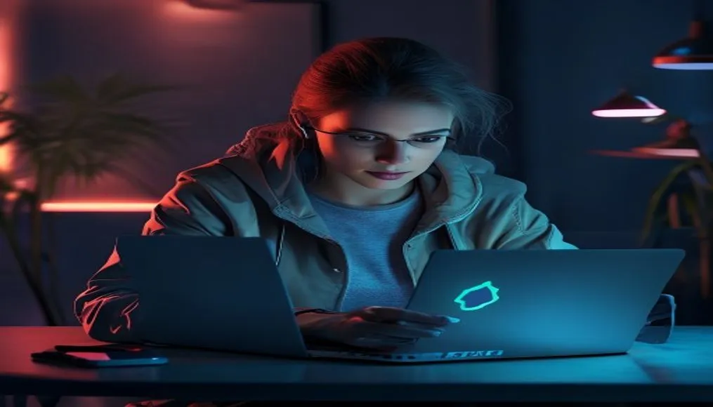 Woman securely logging into accounts using a password manager on laptop at home