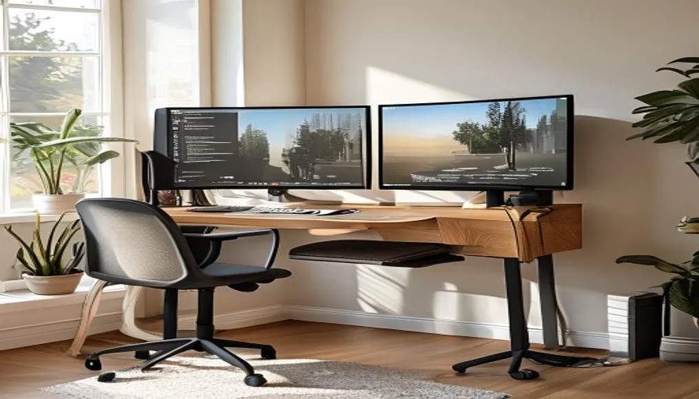 Modern standing desk setup with dual monitors, ergonomic keyboard, and cable management