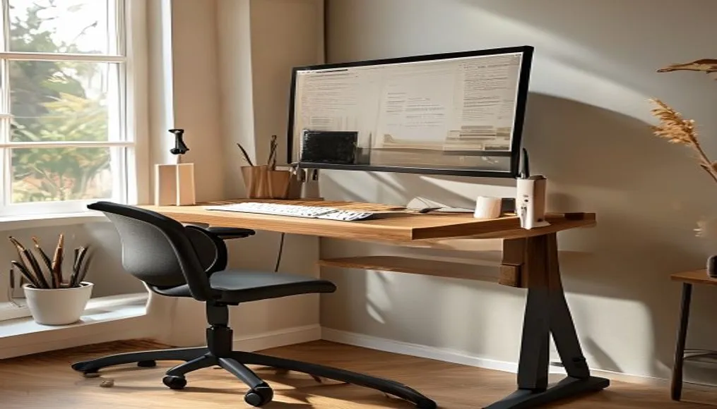 Standing desk setup with ergonomic chair, monitor at eye level, and keyboard tray