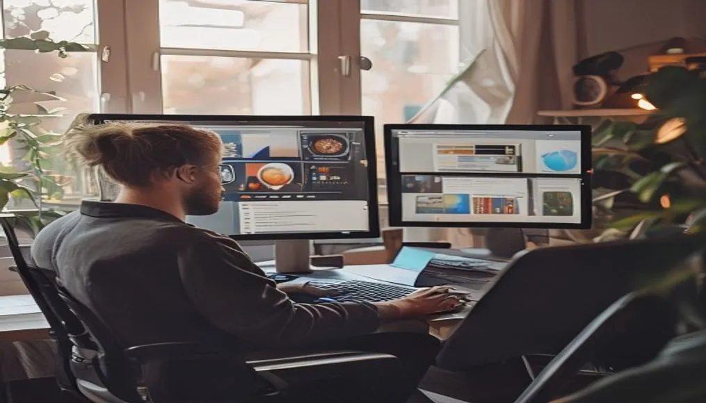Remote worker using laptop with productivity tools interface displayed on dual monitors