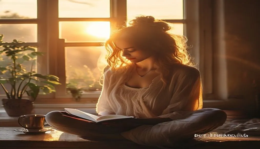 Woman practicing mindfulness and journaling at sunrise with coffee