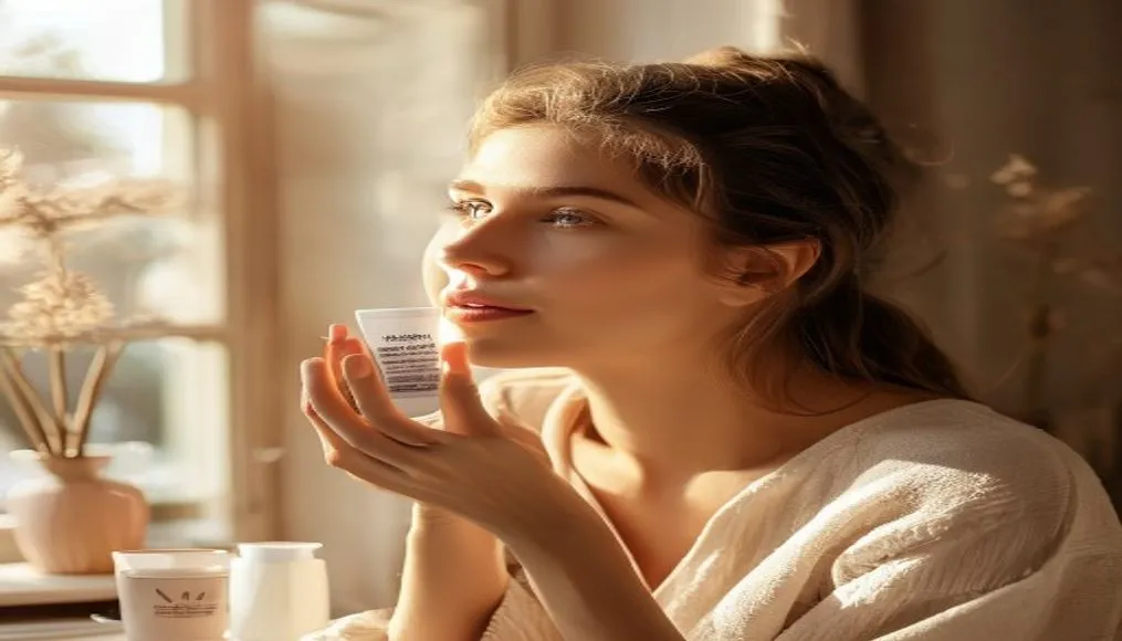 Woman applying moisturizer while listening to a morning podcast