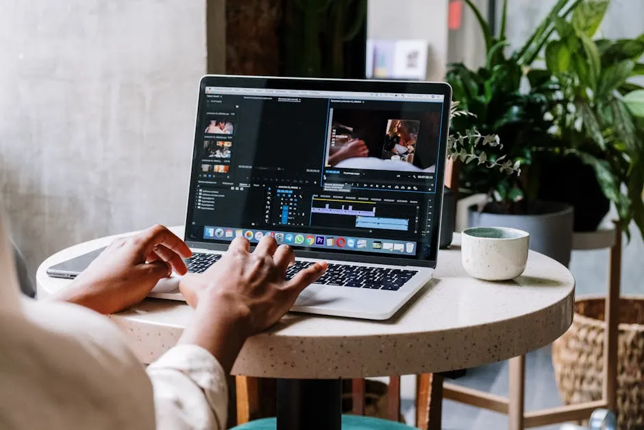 Digital nomad using dual monitors in a high-speed coworking space