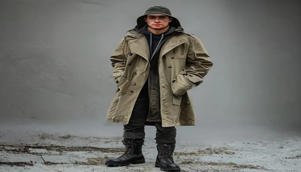 Modern English layering with trench coat, hoodie, and Chelsea boots
