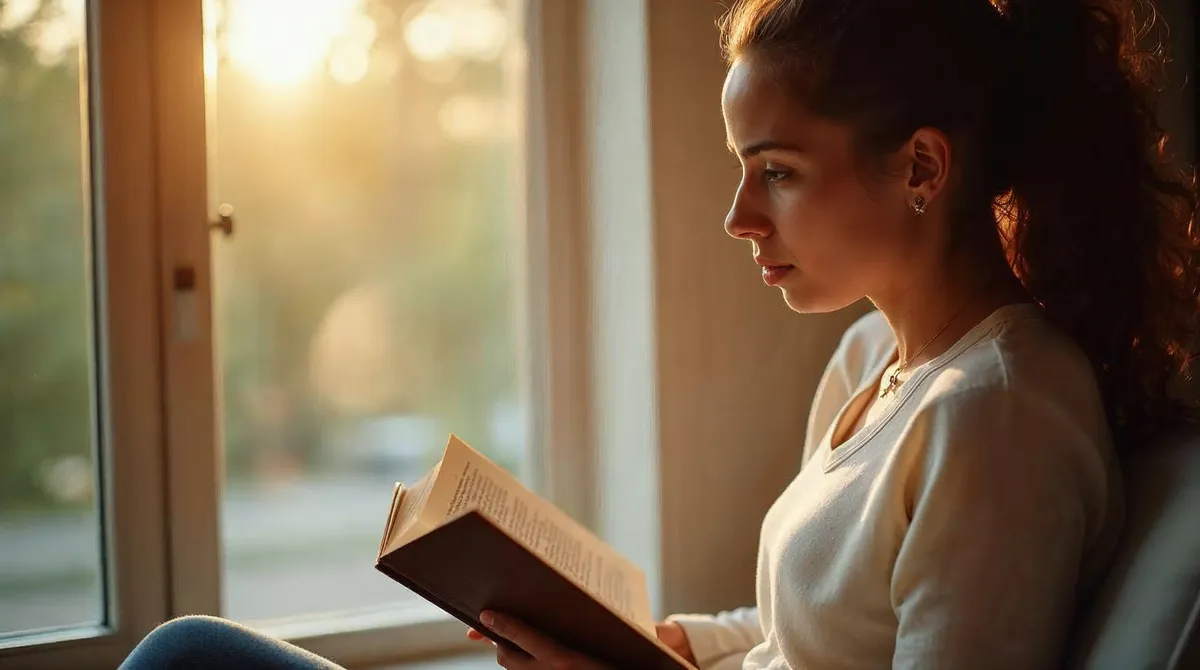 Hero image: Person closing self-help book and stepping outside into sunlight