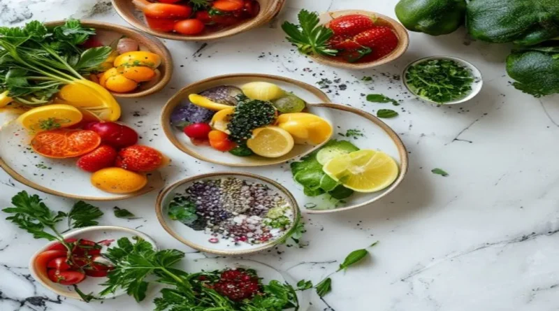 A vibrant spread of fresh vegetables, fruits, and whole grains
