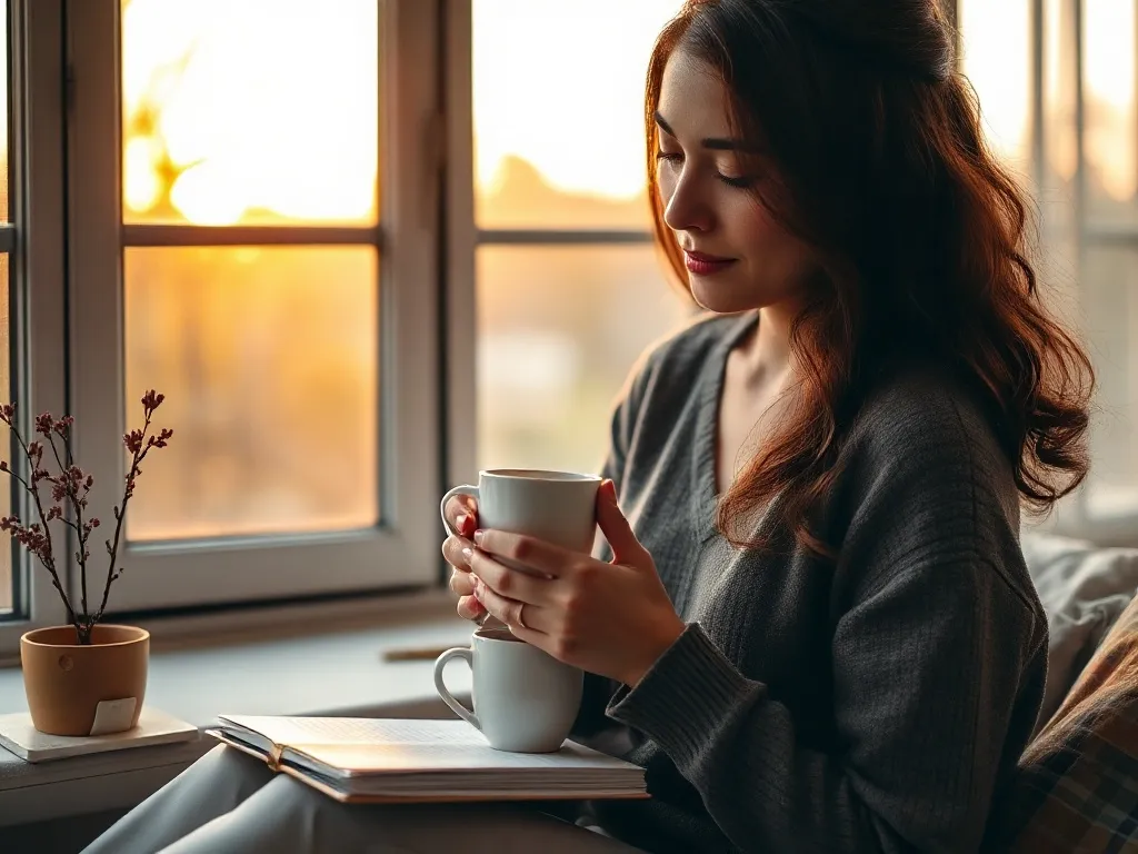 Woman practicing mindfulness and journaling at sunrise with coffee