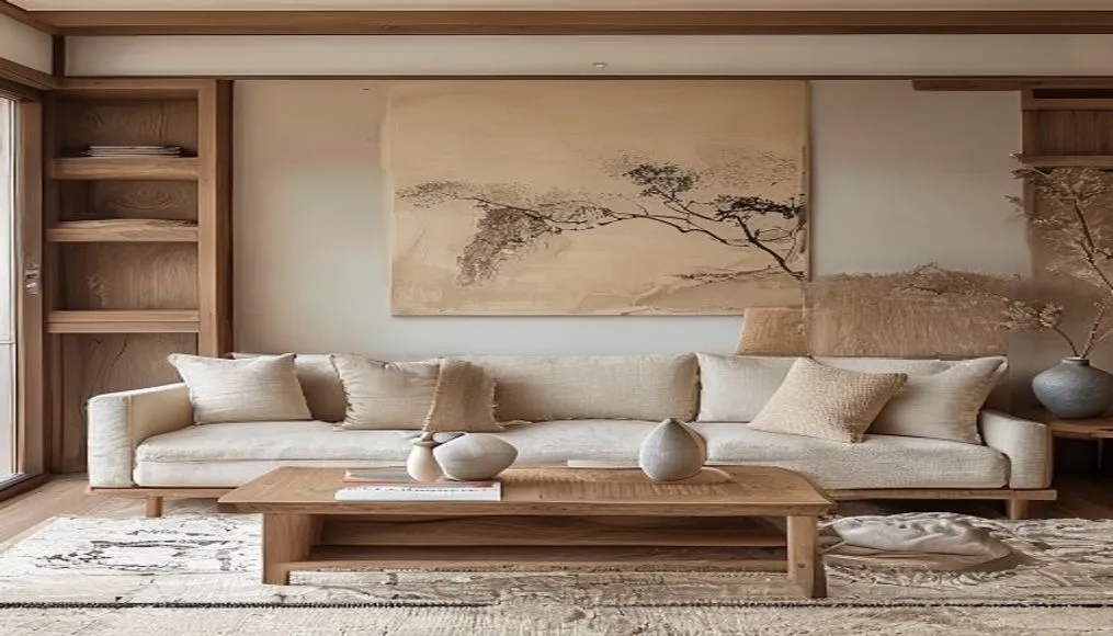 A serene Japandi living room featuring a low-profile sofa, natural wood coffee table, and soft neutral textiles