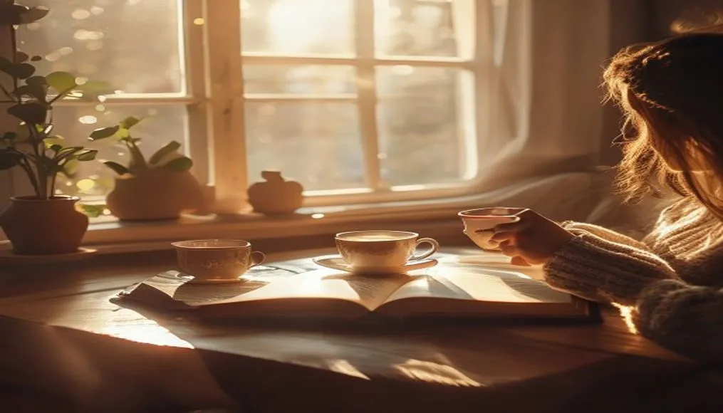 Person enjoying a peaceful morning routine with tea and journal