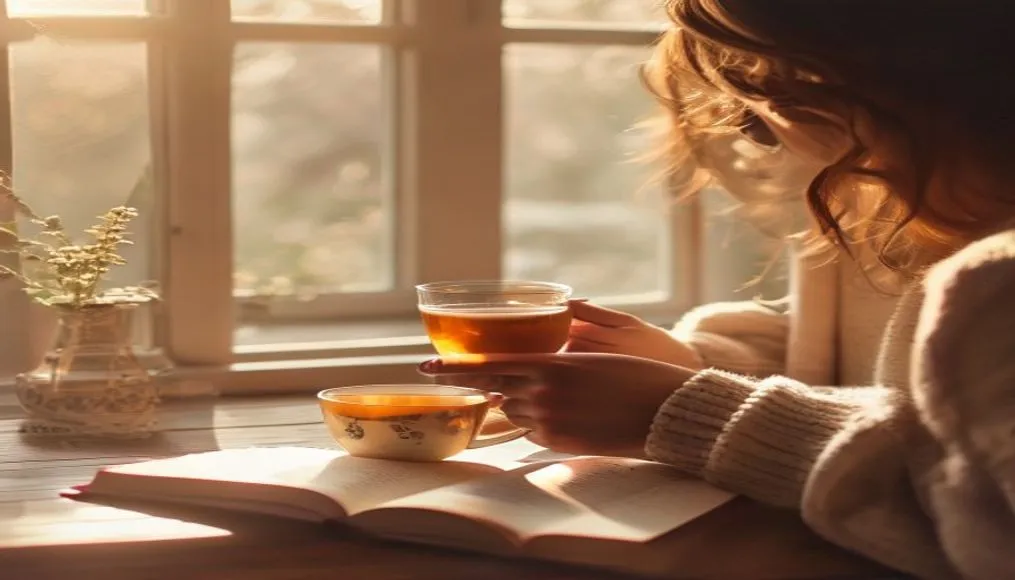 Person enjoying a peaceful morning routine with tea and journal