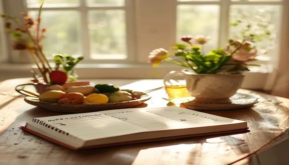 Structured morning planner on wooden desk with healthy breakfast