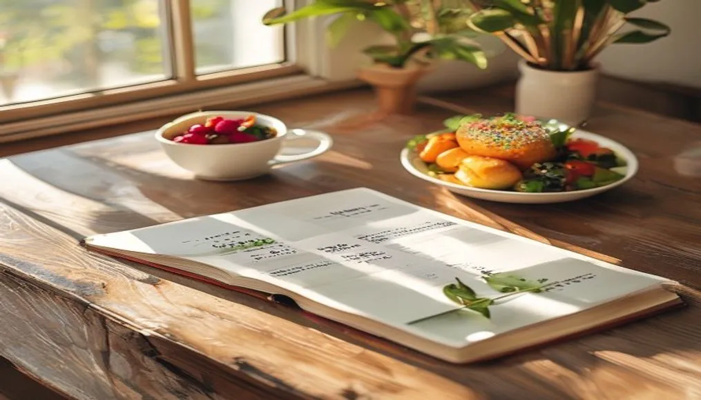 Structured morning planner on wooden desk with healthy breakfast