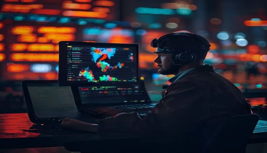 A trader watches flashing odds on a laptop screen