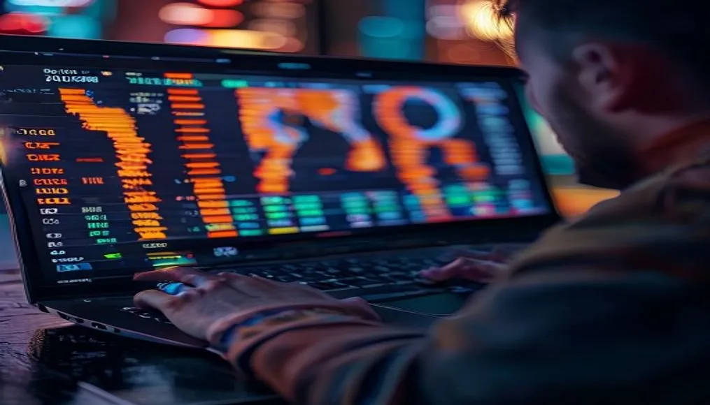 A trader watches flashing odds on a laptop screen
