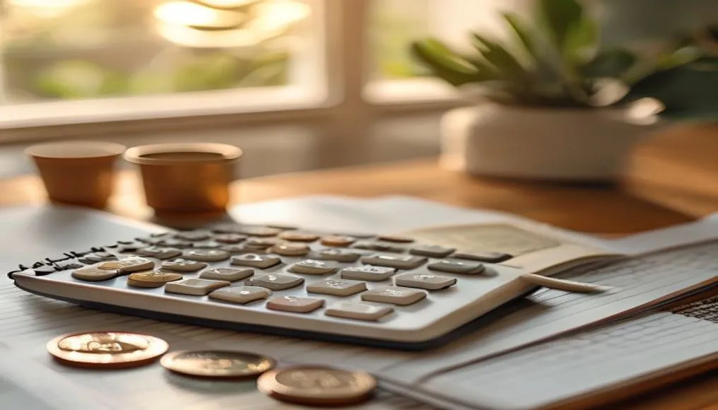 Calculator and coins on a desk with a budget notebook