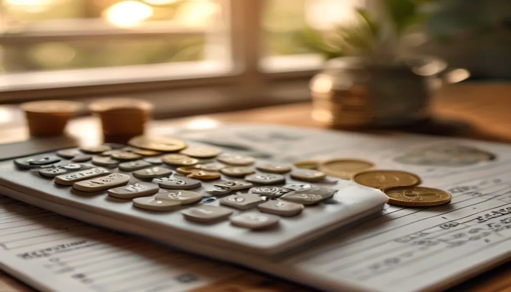 Calculator and coins on a desk with a budget notebook