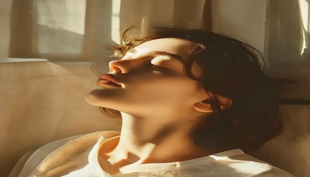 Person relaxing with eyes closed, sunlight streaming in