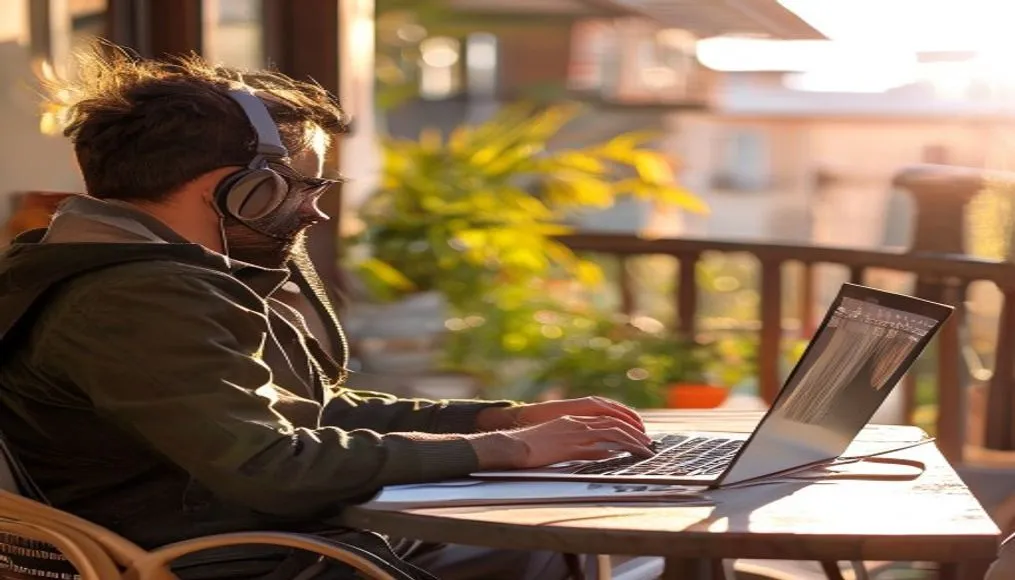 Digital nomad with laptop on a sunny balcony