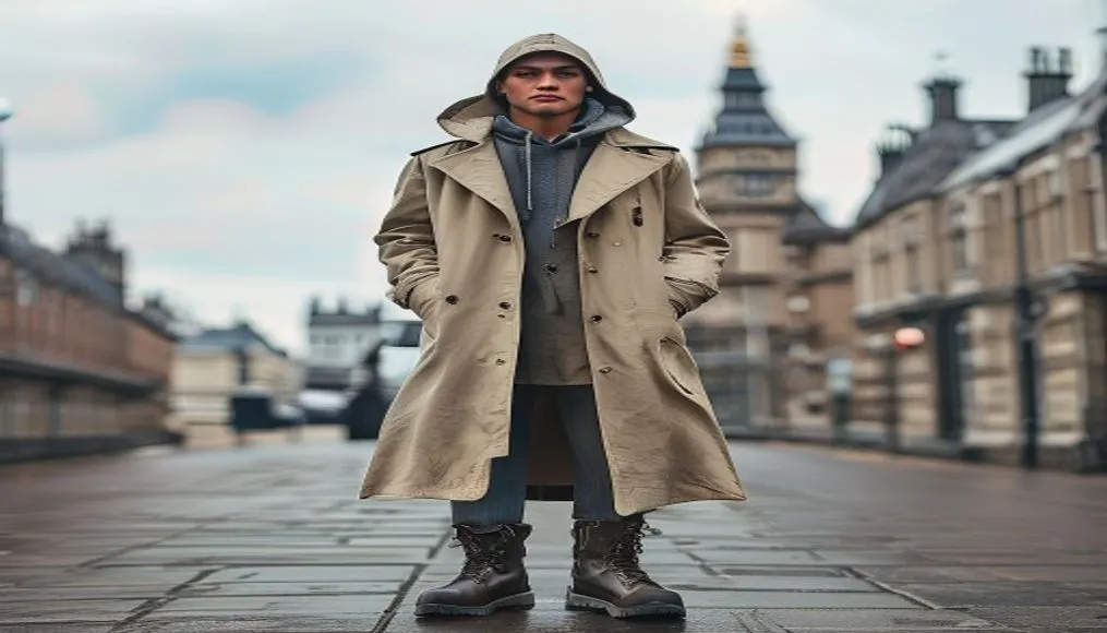 London‑style layering with trench coat, hoodie, and Chelsea boots