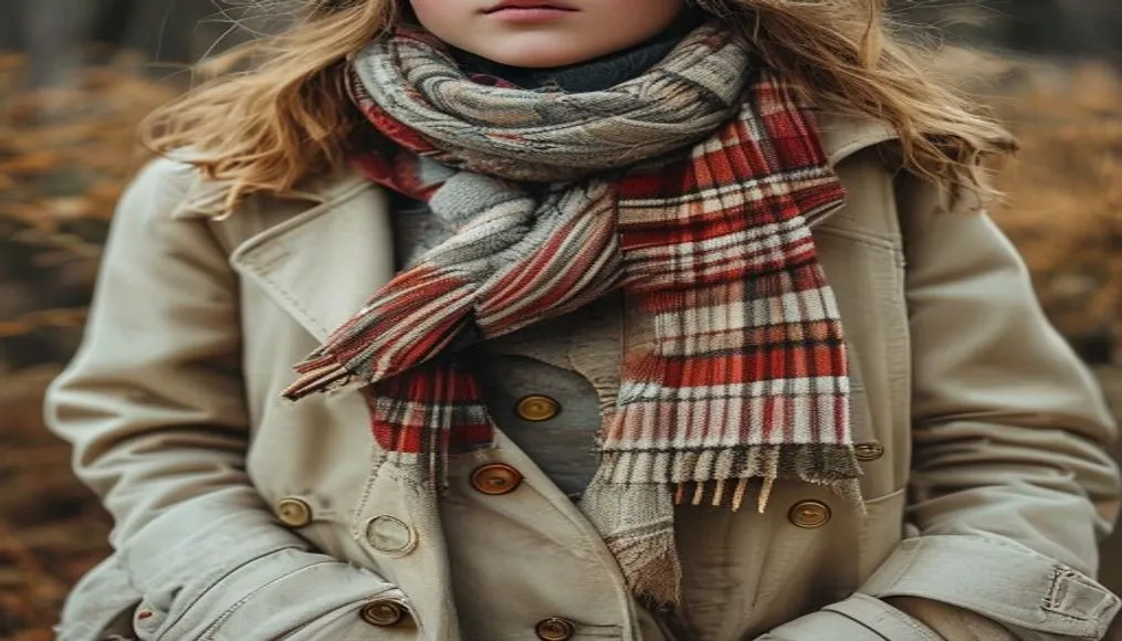 Vintage‑inspired English outfit with scarf and trench coat