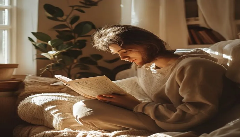 Hero image of a person reading a self‑help book in a cozy room