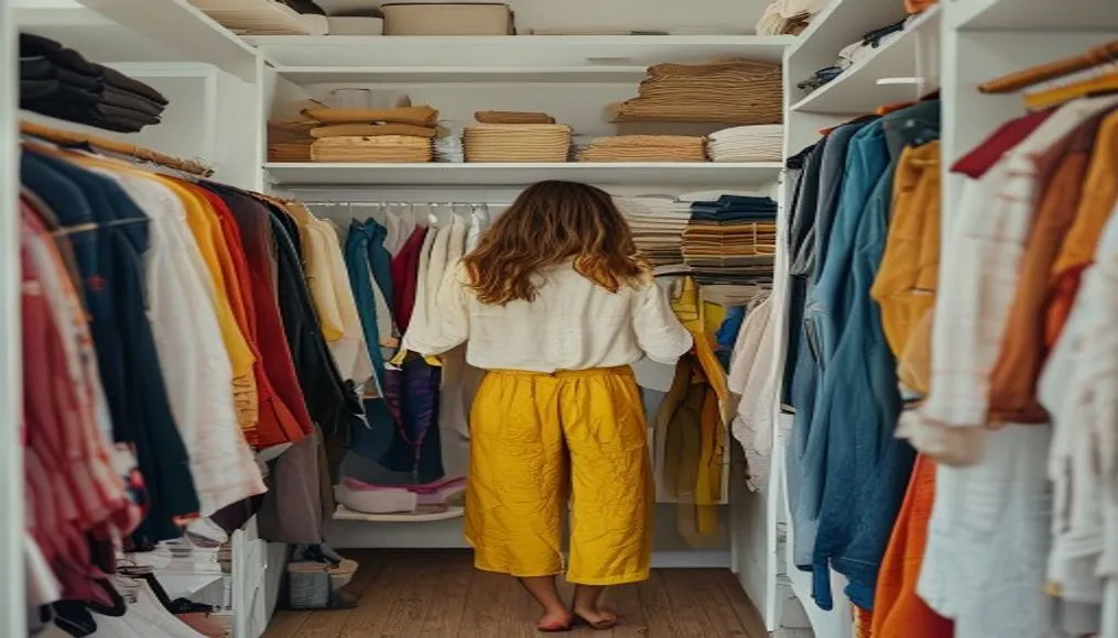 Woman organizing clothes in a bright closet