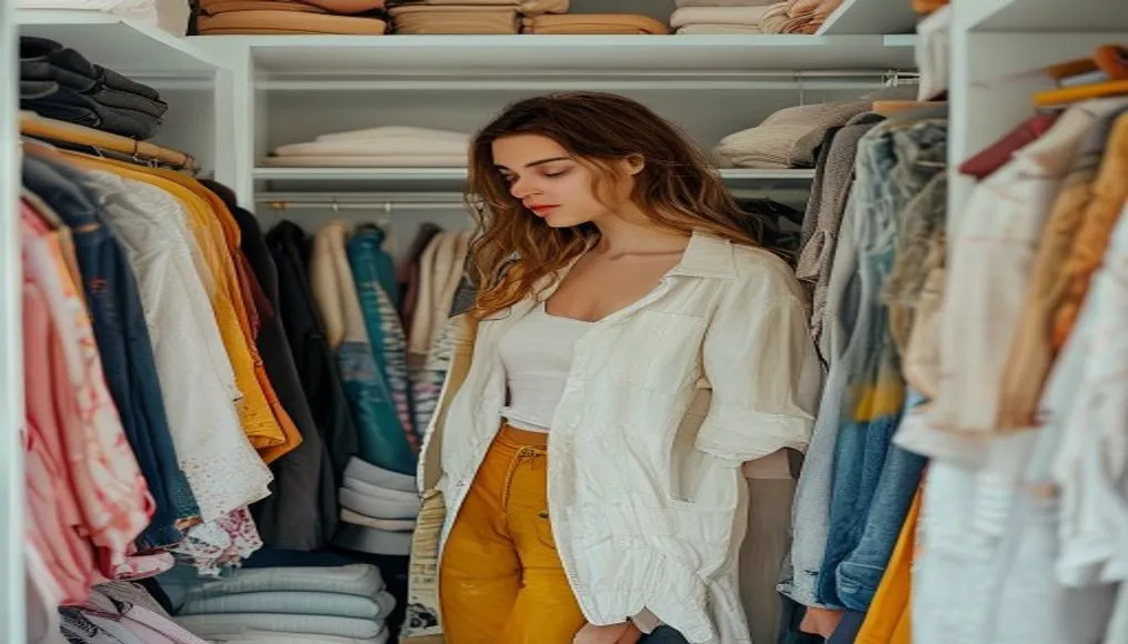 Woman organizing clothes in a bright closet