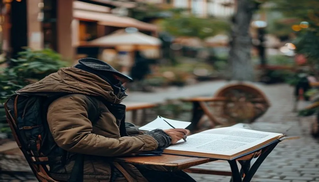 A traveler journaling at a sidewalk café
