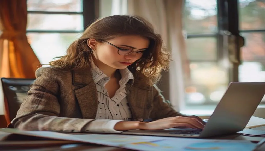 Young professional reviewing finances on a laptop