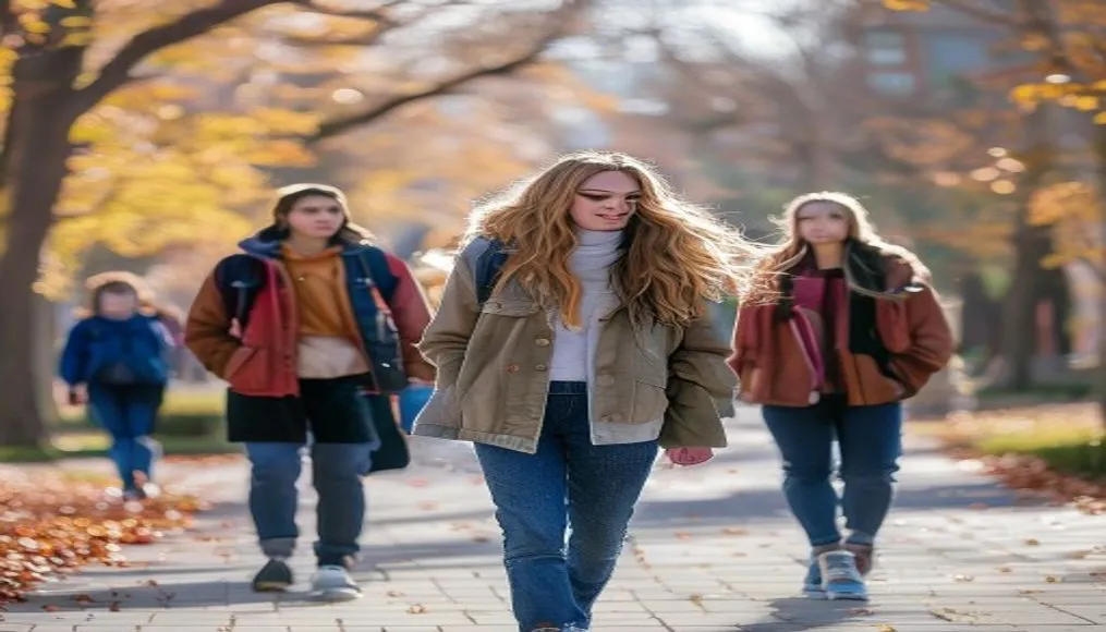College students walking on campus in fall attire