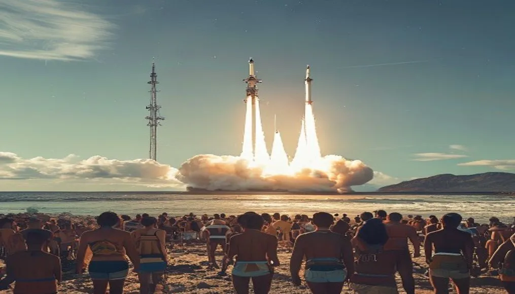Crowd watching the launch from the beach