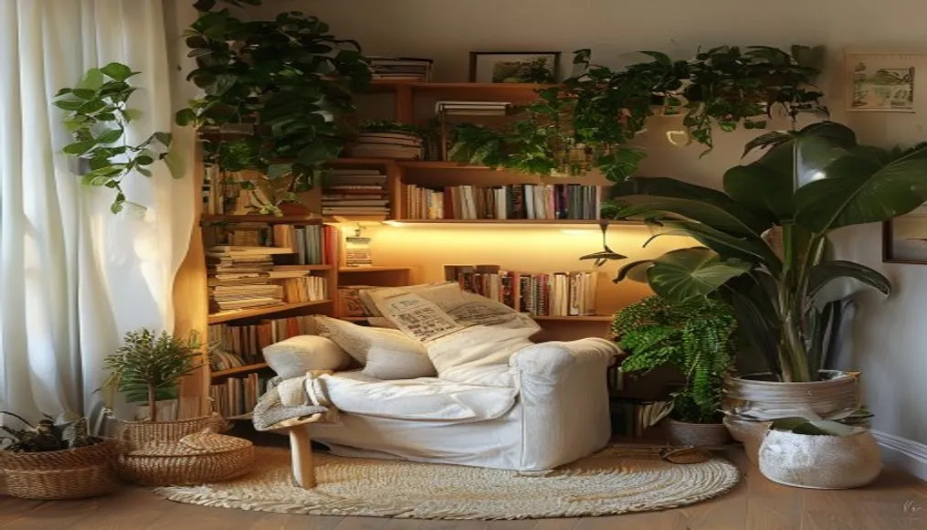 Cozy reading nook with soft lighting and plants