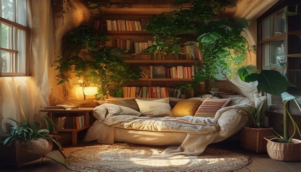 Cozy reading nook with soft lighting and plants